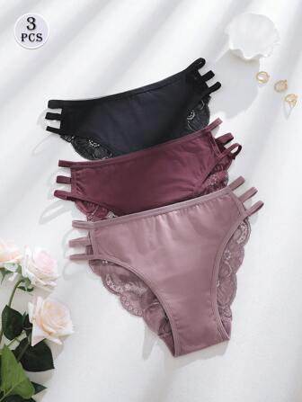 3件套纯色蕾丝拼布镂空细肩带性感浪漫女士内衣