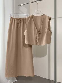 Conjunto de talla grande de unicolor simple con lazo, para verano - Caqui - Ver 4