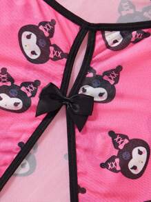 Sanrio Sanrio Damen Kuromi Süßer Digitaldruck, V-Ausschnitt, transparent, Schleifendekor, Teddy Bodysuit, sexy Dessous Bodysuit für Ausgehen