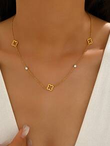 YUZENG 女士奢华四叶草吊坠项链 - 颈部配饰！情人节礼物 - 金黃色 - 查看 2