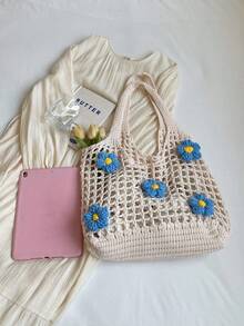 Bolsa tote de malha com flores vazadas, bolsa de ombro feminina de grande capacidade para férias casuais, bolsa de praia para compras da moda