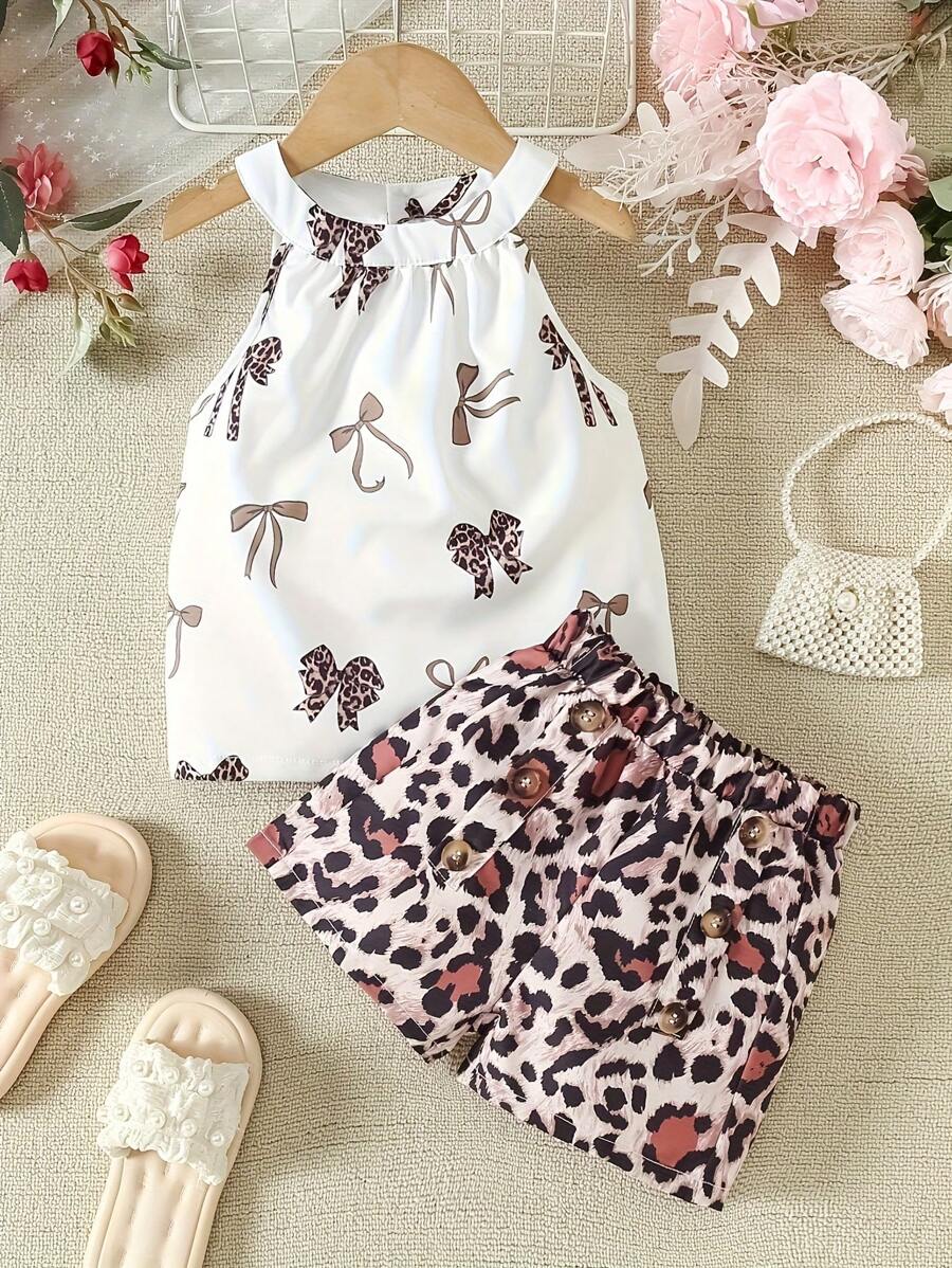 Young Girl Bow Print Casual Cold Shoulder Top And Shorts Set