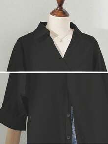 Top-End Leisure, Elegant And Commuting Style V-Neck Shirt With A Simple Back Button Design, Suitable For Spring And Summer. - Black - View 4