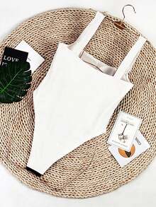 Ladies' Strapless Contrasting Splicing One-Piece Design - Black and White - View 4