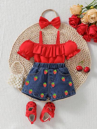 Set de 2 piezas con pantalones vaqueros casuales y conjunto con decoración de lazo para niñas bebé