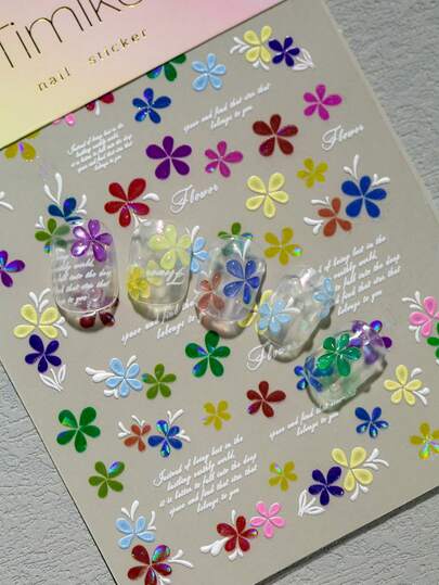 1 Sheet Spring & Summer Daisy Nail Art Stickers, Macaron Color Scheme, 3D Shell Design, Fresh And Ethereal, With Five-Petal Flowers, Plum Blossoms, Cherry Blossoms, Floral And English Letter Patterns, Suitable For Personal DIY Use