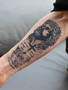 1Pc Fake Tattoo Temporary Tattoos Semi Permanent Tattoo Jesus Western Pattern Waterproof Sweatproof Last For 1-2 Weeks Realistic Herbal Juice Anti-Friction Non-Reflective Black For Woman And Men Tattoo Stickers For Arm, Chest - Black - View 2