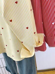 Women's Heart Print Polo Collar Striped Shirt - Casual Button-Up Long Sleeve Vacation Top For Spring Summer Fall Everyday Outfits