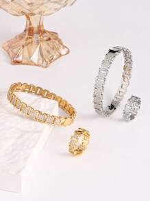 1 Conjunto Pulseira de Corrente de Relógio Premium de Zircônia, Conjunto de Pulseira e Anel Versátil de Moda, Adequado para Homens e Mulheres, Uso Diário