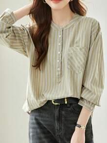 女士休闲条纹印花纽扣口袋衬衫（春季款） - 駝色 - 查看 1