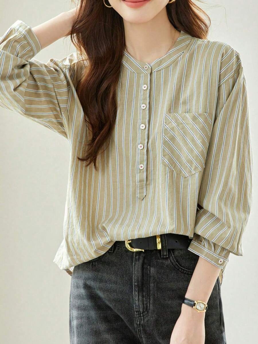 女士休闲条纹印花纽扣口袋衬衫（春季款） - 駝色 - 查看 1
