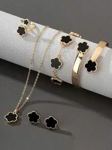 6pcs/Set Women's Same Color Lucky Flower Decoration Accessory Combination 1 Pair Of Earrings 1 Necklace 1 Bracelet 1 Bracelet 1 Ring Set Suitable For Daily Use