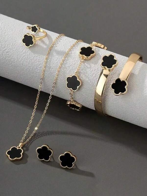 Set de 6 piezas con accesorios combinados de flor de la suerte del mismo color para mujer, incluye 1 par de aretes, 1 collar, 1 pulsera, 1 pulsera y 1 anillo, adecuado para uso diario