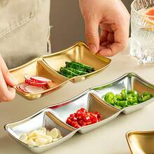 Stainless Steel Side Dishes 4pcs Sauce Dish Bowls Condiments Cup Serving Bowl Set Sushi Dipping Saucers Soy Dipping Bowls For Home Kitchen Restaurant BBQ (Gold, 3 Compartment) - Silver - View 5