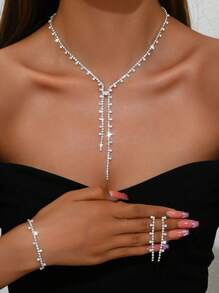 4pcs/Set Bridal Zirconia Jewelry Set - Necklace, Earrings, Bracelet Sparkling & Elegant Tassel Jewelry Set, Suitable For Wedding Party Accessories