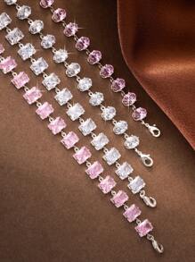 1pc European & American Style Round And Square Pink Zirconia Charm Bracelet, High-End Quality Fashion Jewelry Gift For Girlfriend