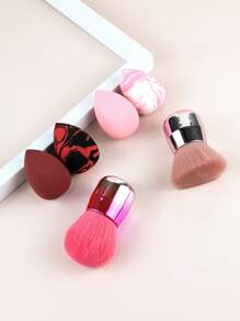 Juego de 3 piezas de herramientas de maquillaje, que incluye esponjas y pinceles de maquillaje con mango corto multifuncional para la cara, pincel para polvo, pincel para rubor, borla de maquillaje, pincel de maquillaje con mango revestido, adecuado para maquillaje facial, uso en seco y húmedo de la esponja de maquillaje, esponja de maquillaje libre de látex, para tocador, herramientas de belleza.