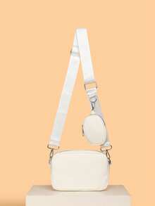 2 件男士小方包时尚斜挎包纯色单肩包轻便适合旅行适合学生、高中生和高中生老钱街头服饰 - 白色 - 查看 5