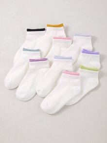 10 Pasang Kaos Kaki Pendek Anak-Anak Motif Garis-garis Warna Permen, Kasual untuk Pemakaian Sehari-hari, Kaos Kaki Putih Unisex - MultiWarna - View 3