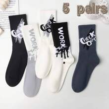 5 Pairs Men's Mixed Color Original Letter Black & White Crew Socks, Suitable For Daily Wear, Great Gift For Family And Friends