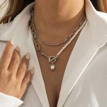 BJNCDIO 1pc Elegant & Fashionable Multilayer Necklace, Boho Style With Faux Pearl, Stainless Steel Charm Pendants, Versatile Wear For Daily, Music Festival, Great Gift, Non-Fading, Hypoallergenic