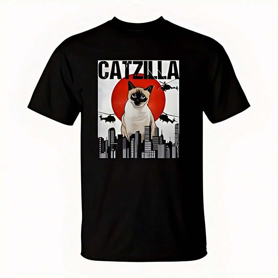 Funny Vintage Anese Catzilla Siamese Cat T-Shirt 220G Heavy Cotton T-Shirt – Thick Fabric Holds Pe, Feels Soft – Perfect For Outdoor Adventures, Gym Sessions, Family BBQs, Or School Days – Modern Meets Vintage In One – Great Gift For , Wo, Students, And Outdoor Lovers - Black - View 1