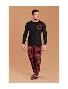 Men's Red Plaid Pocket Pajamas - 黑色 - 查看 3