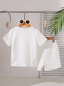 2 件套幼儿男孩夏季休闲服装套装：可爱卡通马和英文字母印花短袖 T 恤搭配短裤 - 白色 - 查看 3