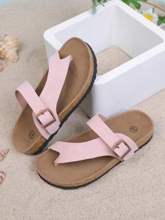 1 par de sandalias de dedo nuevas de verano para niños, de diseño elegante con hebilla, apropiadas para niñas para uso en exterior, vacaciones, viajes, playa