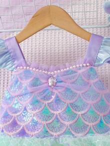 Girls' Sleeveless Sequin & Fish Scale Print Princess Mermaid Dress - Green - View 4