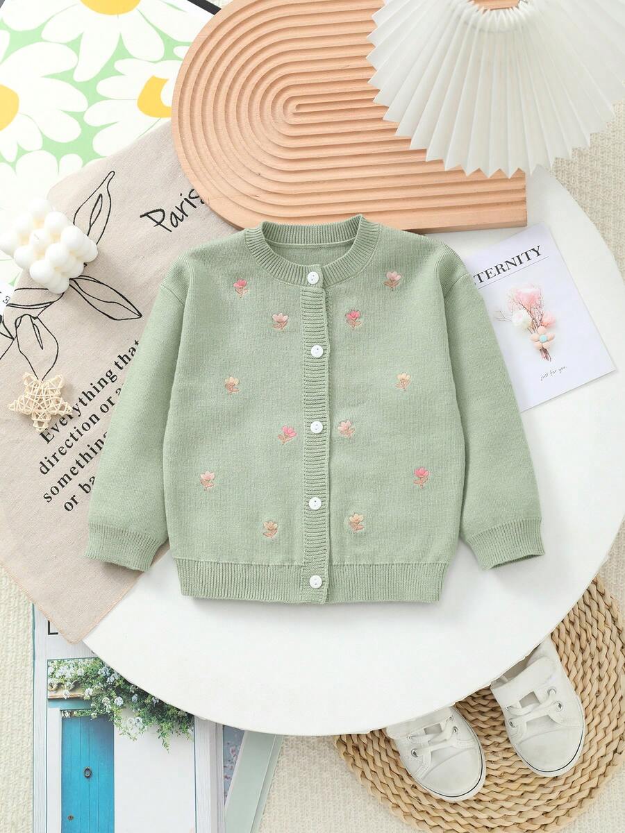 Baby Girls Crew Neck Floral Embroidered Knitted Cardigan - Cadet Blue - View 1