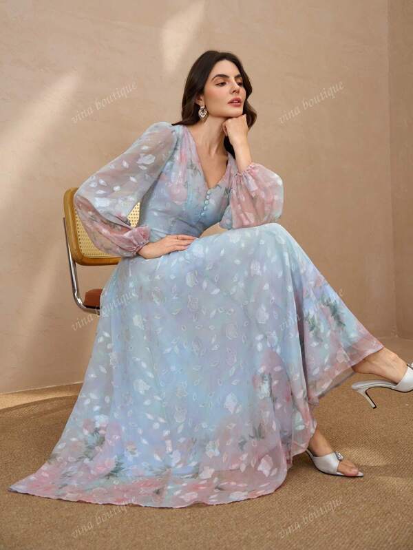 Vintage Floral Printed Slim Fit Romantic Style Women Dress
