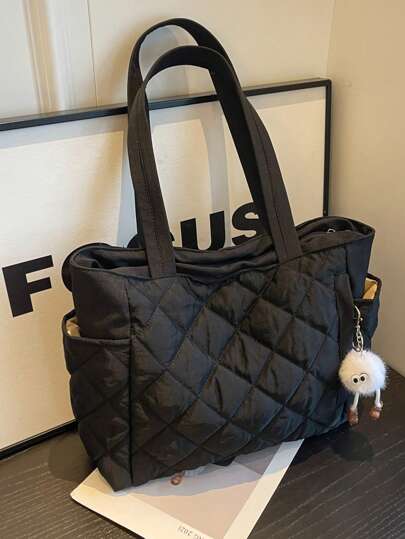 New Fashion Large Capacity Quilted Diamond Design Double Handle Shoulder Tote Bag, Lightweight And Portable, Women's Wallet, Suitable For Outdoor Travel In Summer, Decorated With Animal Pendants, Travel Essential Backpack