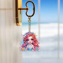 6 piezas Kits de pintura de diamante 5D para llaveros DIY, belleza de dibujos animados, llavero de arte de diamante con patrón de sirena, llavero de mosaico hecho a mano apto para principiantes