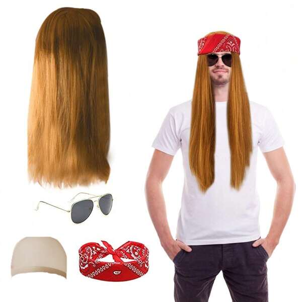 Retro Rockstar Wig Set - Heavy Metal 70s 80s Blonde Long Hair Wig With Hippie Waves For Disco Costume, Halloween & 1980s Theme Parties (Unisex)