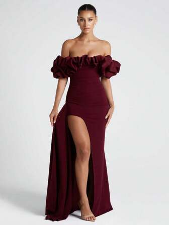 Elegant Off Shoulder Fitted Sexy Slit Waist Cocktail Party Dress, Extra Long Formal Gown, Ball Gown, Christmas Party Dress