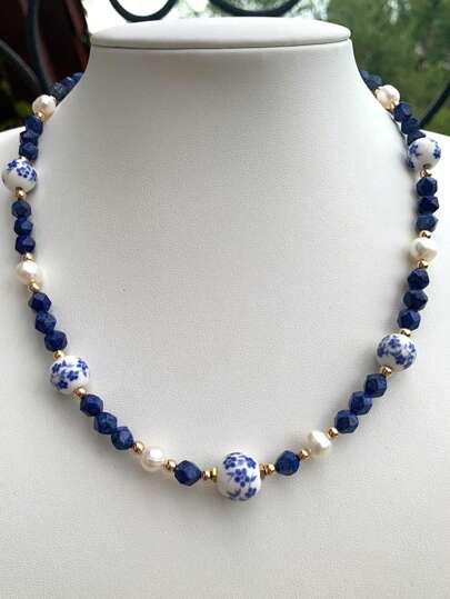 1pc Ceramic Flower & Faux Pearl Beaded Necklace, Bohemian Style Blue Ceramic Necklace, Suitable For Women's Daily Wear, Dates, Parties, Beach Vacations, Gifts