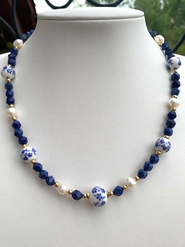 1pc Ceramic Flower & Faux Pearl Beaded Necklace, Bohemian Style Blue Ceramic Necklace, Suitable For Women's Daily Wear, Dates, Parties, Beach Vacations, Gifts