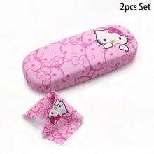 Sanrio 2 pièces Étui à lunettes Hello chat, Chiffon de nettoyage de lunettes Hello chat, Coffret de rangement 2 pièces pour Lunettes modes avec chiffon de nettoyage de lunettes, Etui à lunettes, Monture de lunettes, Etui à lunettes, Accessoires de lunettes unisexes Conception charmante Boîte de rangement de lunettes portable en matériau PU résistant à la pression