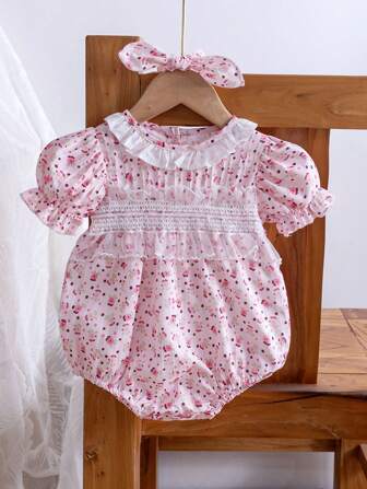 2pcs/Set Baby Girls Newborn Cute Bodysuit & Headband Summer Outfit
