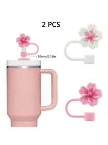 2pcs Cherry Blossom Design Silicone Straw Sleeve & Dust Cover, Fit 10mm/0.4 Inch Straws
