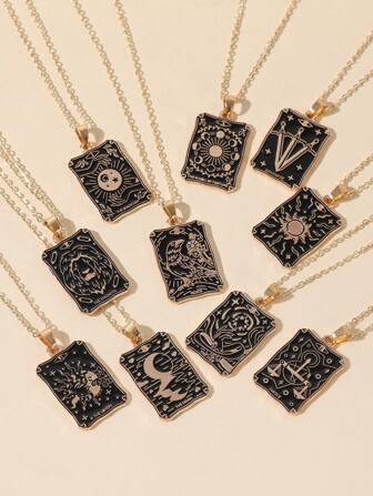 Hot-Selling Personalized Punk-Style Tarot Card Series Necklaces. Unisex Dark Retro Geometric Square Alloy Jewelry.