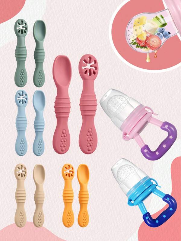3 Piecesbaby Silicone Feeding Spoon Fruit Vegetable Feeding Pacifier Teething Complementary Food Soothing, Easy To Grip, Suitable For Daily Use
