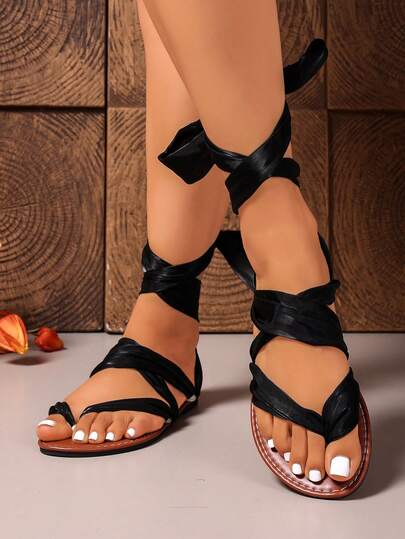 Women's Summer Flat Sandals, Bohemian Style Black Lace-Up Casual Vacation Shoes, Comfortable, Durable And Lightweight