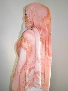 1pc Women's Scarf Bohemian Watercolor Chiffon Hijab, Muslim Headscarf For Daily Wear, Autumn - Gold Pink - View 2