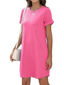 Womens Shirt Dresses Casual 2025 Summer Short Sleeve Loose Vacation Dress With Pockets - Pink - View 4