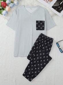 2pcs Men Pajama Set, Long Sleeve V-Neck Pullover Top And Long Pants Casual Sleepwear