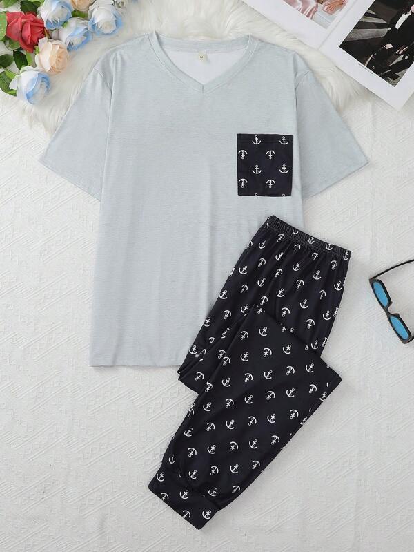 2pcs Men Pajama Set, Long Sleeve V-Neck Pullover Top And Long Pants Casual Sleepwear