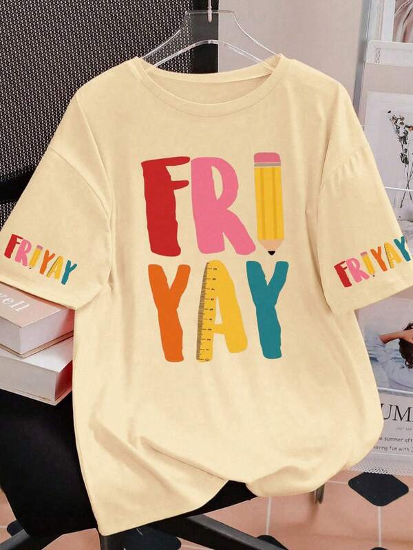 T-shirt femme avec lettres anglaises décontractées, imprimé crayon et règle, design créatif pour la rentrée scolaire