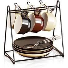 Soporte para tazas de té, estante de metal negro para tazas de café y té, organizador para tazas de café, cucharas y platillos, ideal para temporada de graduación y regreso a clases